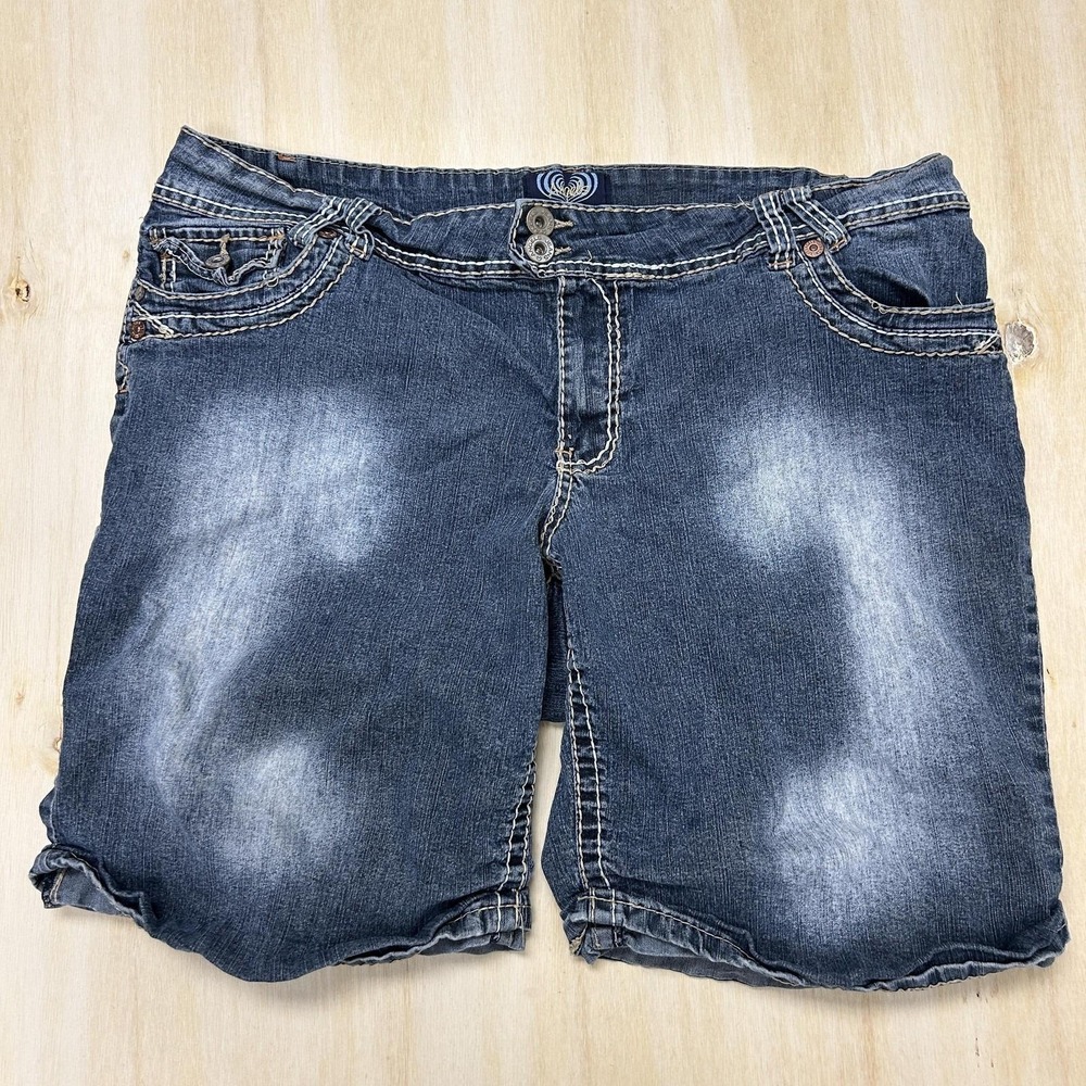 Y2K Angels Shorts Womens 22W Blue Denim Baggy Roll Cuff Contrast Stitch Casual